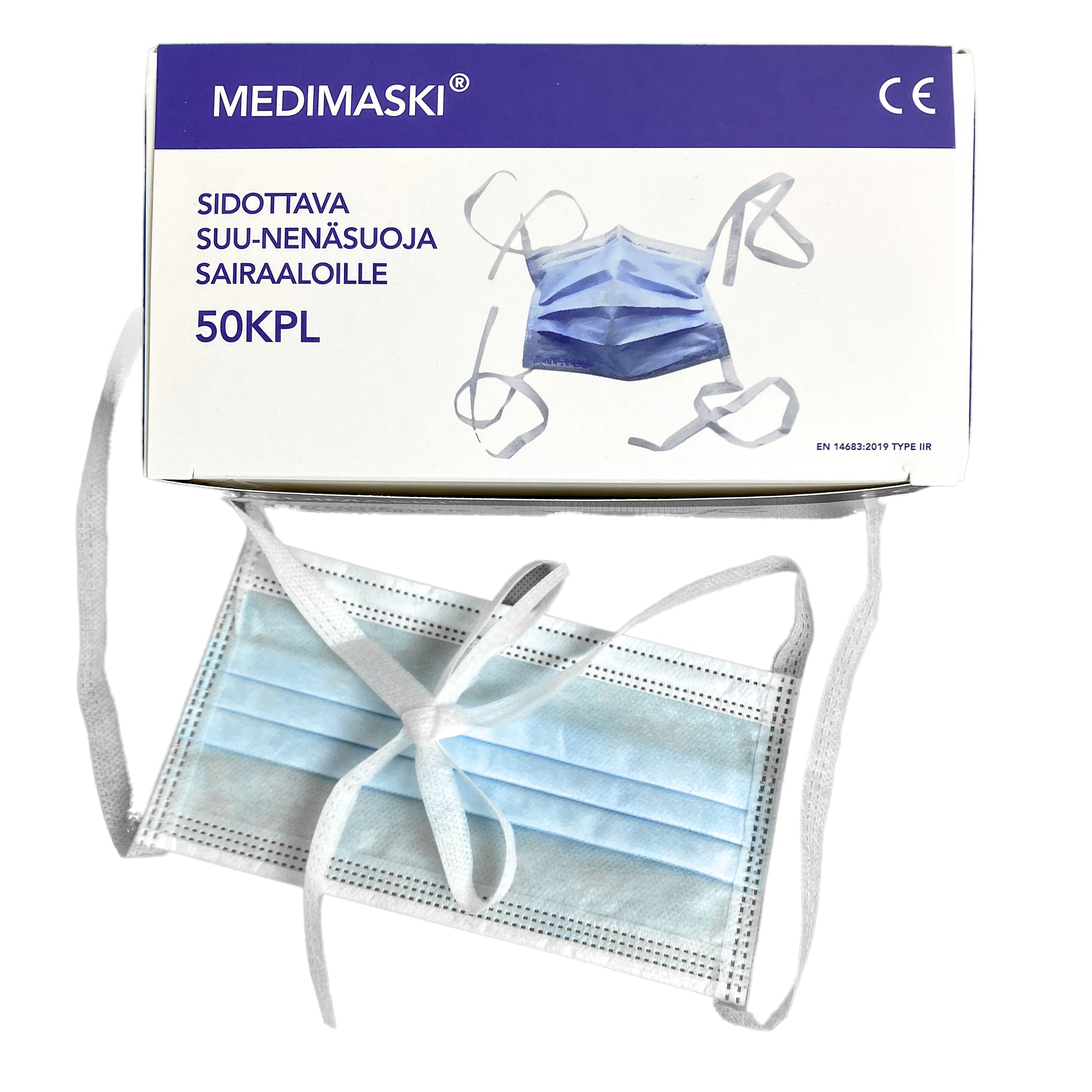 Sidottava kirurginsuoja sairaalakäyttöön (Type IIR BFE98) 50kpl - maskikauppa.fi